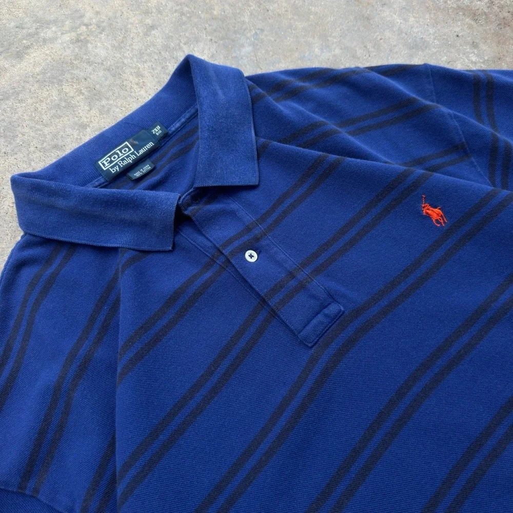 Vintage 90s Polo Ralph Lauren Striped Polo Shirt Rare Blue 2XB (d8)